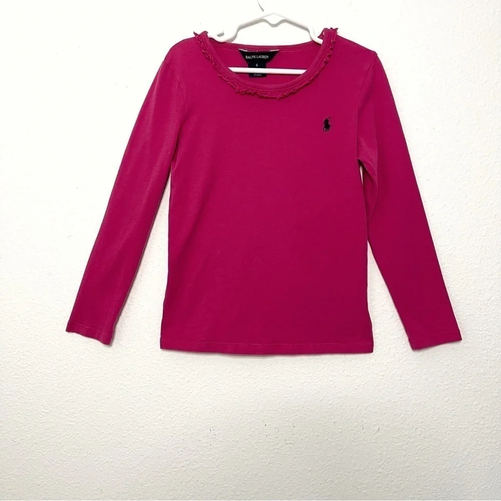Ralph Lauren girls ruffled neck hot pink long sleeve tshirt size 6